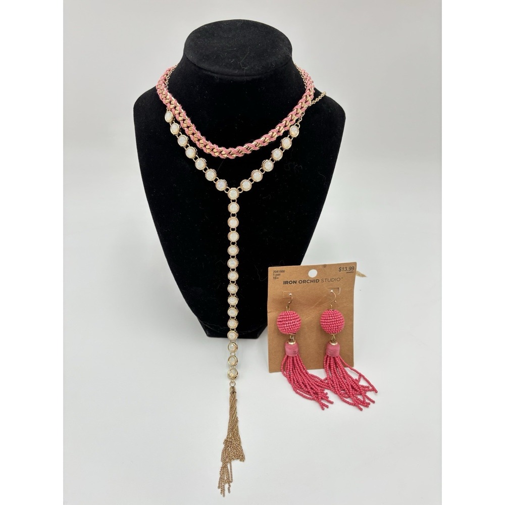 Necklace Set Pink Gold Braided‎ Chain Tassel Pendant + Beaded Tassel Earrings